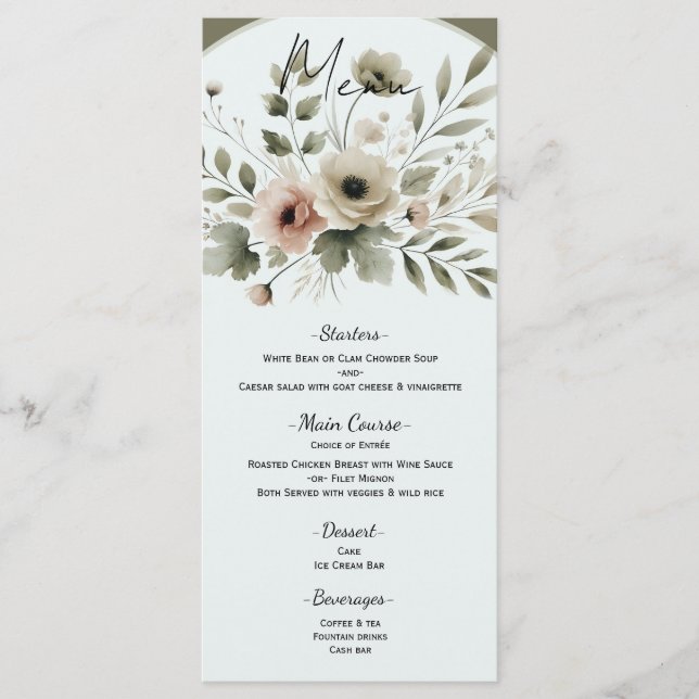 Menu Casamento Floral de Khaki Olive Green (Frente)