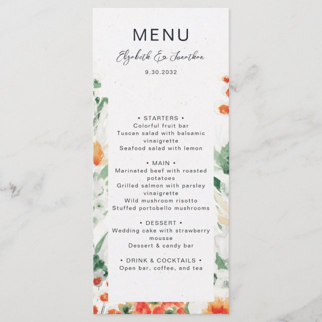 Menu Casamento floral de laranja verde-alaranjado (Frente)