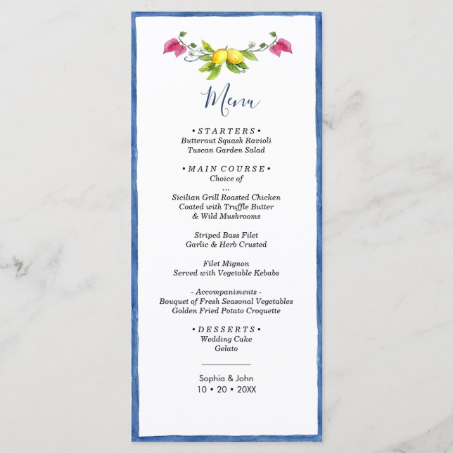 Menu Casamento Floral de Limão Mediterrâneo Amalfi (Frente)