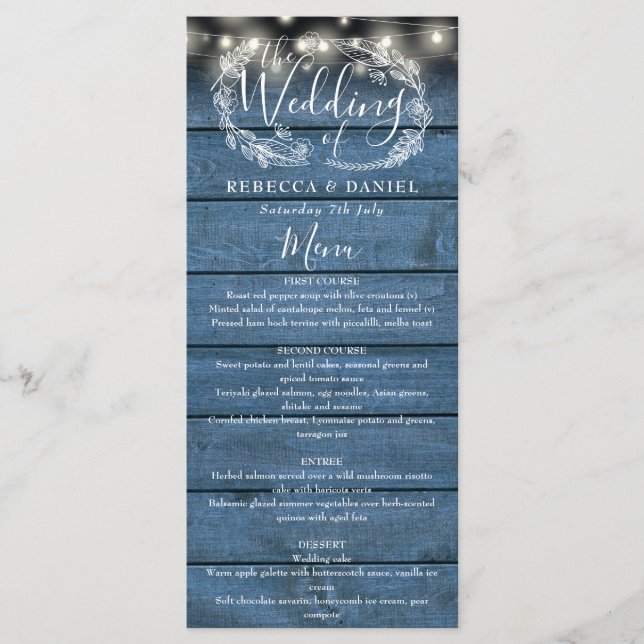 Menu Casamento Floral de Madeira Rústica Azul (Frente)