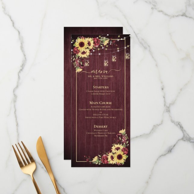 Menu Casamento Floral de Madeira Rústica Sunflower Burg (Frente/Verso In Situ)