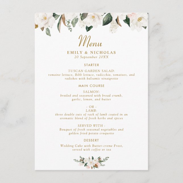 Menu casamento floral de magnólia branca e dourada (Frente)