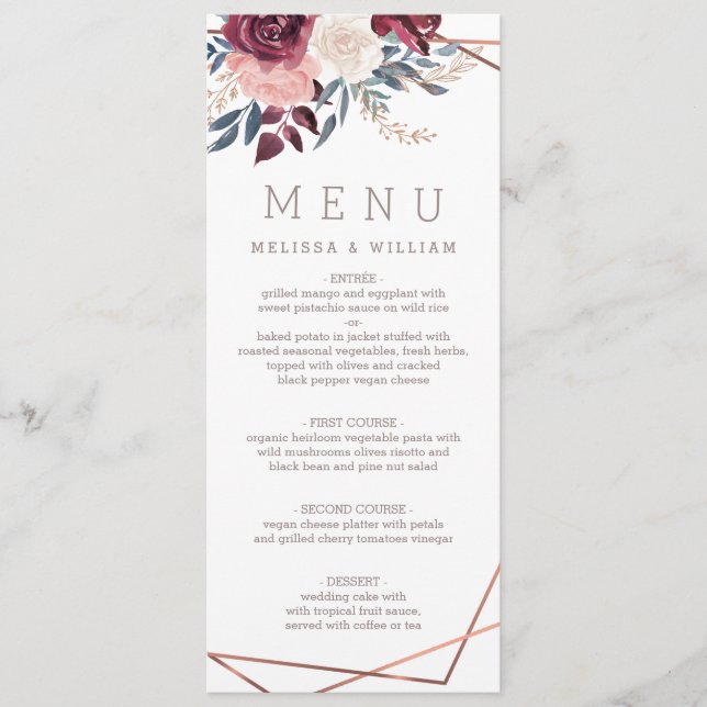 Menu Casamento Floral de Marfim Moderno Burgundy (Frente)