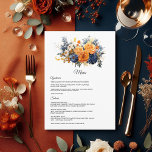 Menu Casamento Floral de marinho Azul, Laranja Queimado<br><div class="desc">Marinho azul,  laranja queimado e cardápio floral de verão de champanhe. Ideal para um casamento no jardim de verão.</div>