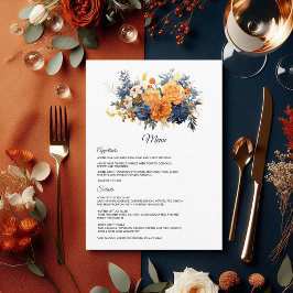 Menu Casamento Floral de marinho Azul, Laranja Queimado
