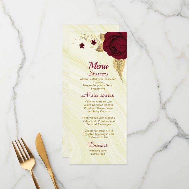 Menu casamento floral de ouro burgundy (Frente/Verso In Situ)
