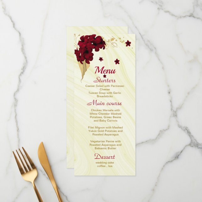 Menu casamento floral de ouro burgundy (Frente/Verso In Situ)
