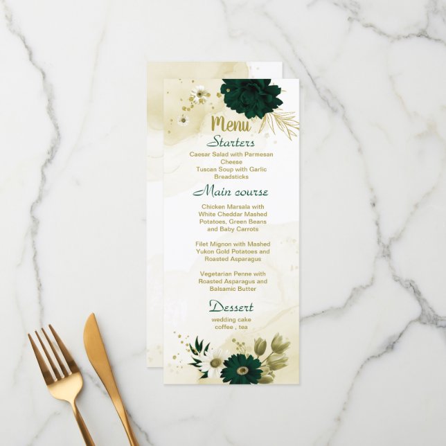 Menu Casamento floral de ouro de marfim verde esmeralda (Frente/Verso In Situ)