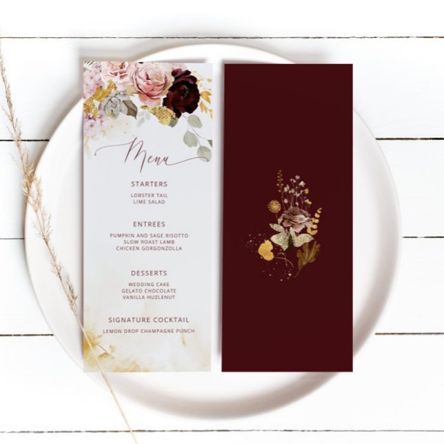 Menu Casamento floral de ouro Elegante Burgundy (Criador carregado)