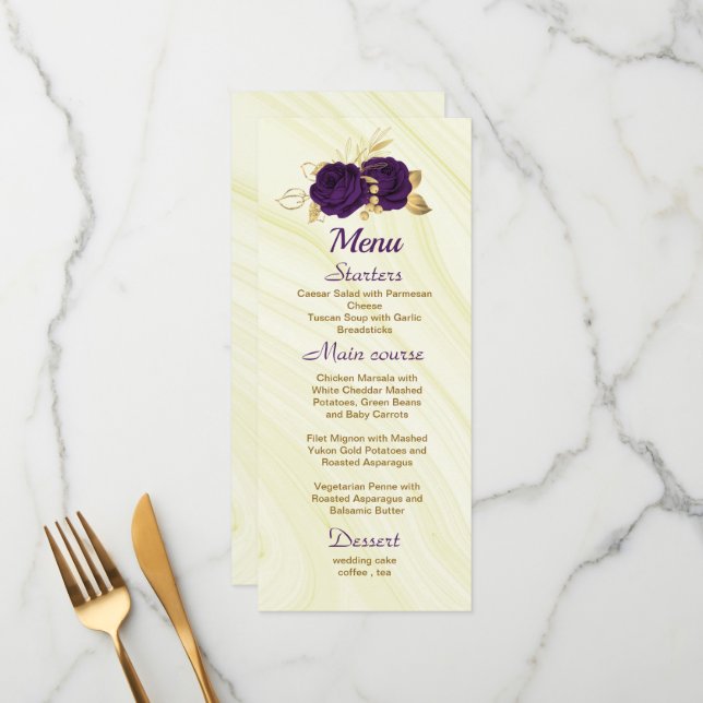 Menu casamento floral de ouro roxo e gico (Frente/Verso In Situ)