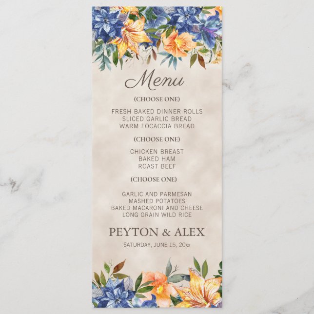 Menu Casamento Floral de Outono Azul Laranja  (Frente)