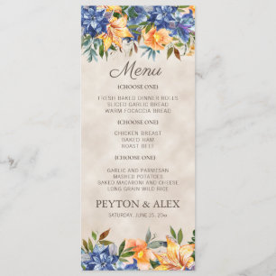 Menu Casamento Floral de Outono Azul Laranja