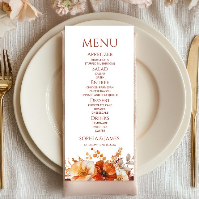 Menu Casamento Floral de Outono Elegante Rústico (Criador carregado)