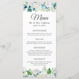 Menu Casamento Floral de Peões Brancos Azuis Sage
