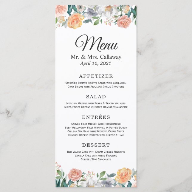 Menu Casamento Floral de Peonies Rosas do Jardim Elegan (Frente)