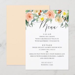 Menu Casamento floral de pêssego de cor d'água elegante