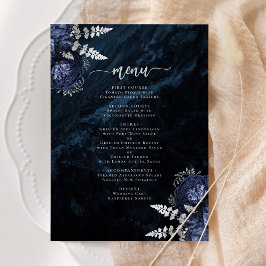Menu Casamento Floral de Prata Azul Elegante Marinho