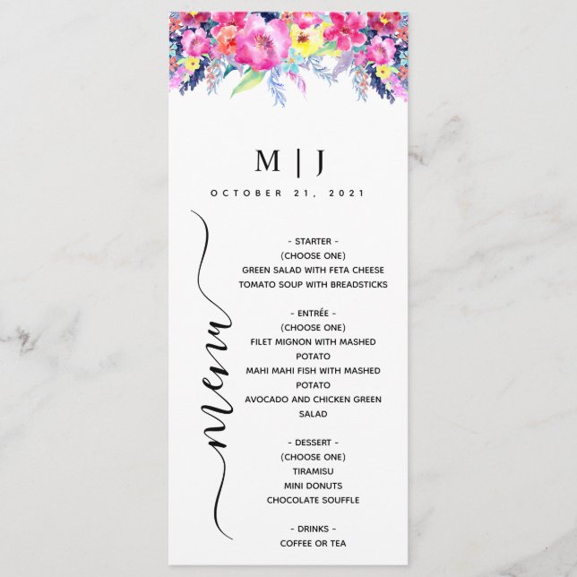 Menu Casamento Floral de Primavera Amarelo e Rosa Quent (Frente)