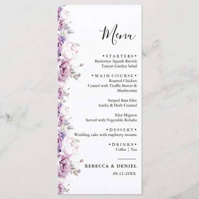 Menu Casamento Floral de Rosa de Água Púrpura Elegante (Frente)