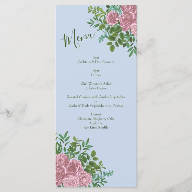 Menu Casamento Floral de Rosa de Peonia Rosa-Azul-Claro (Frente)