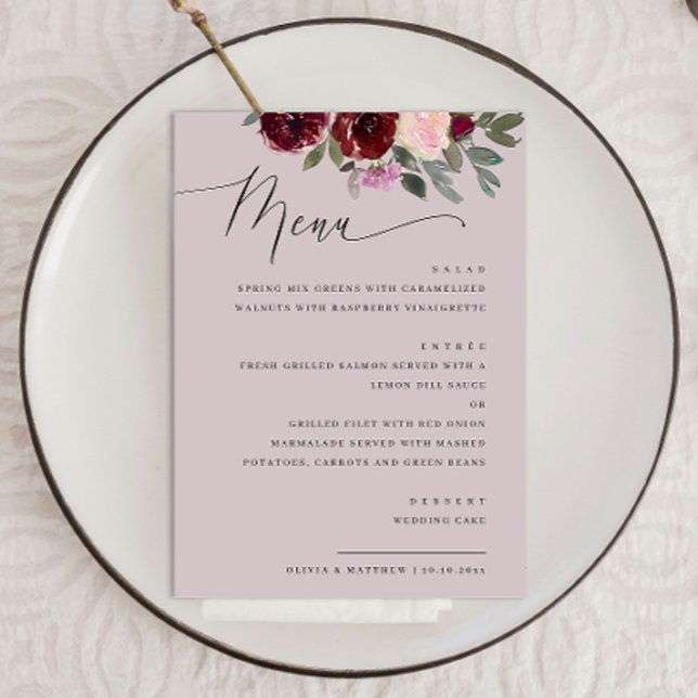 Menu Casamento floral de rosa-rosa empoeirado pastel el (Criador carregado)