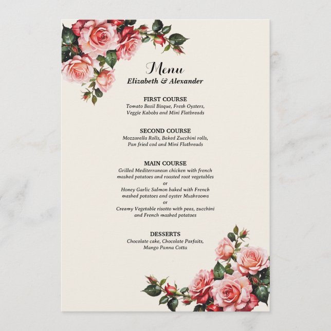 Menu Casamento floral de rosas rosa e vermelho elegante (Frente)