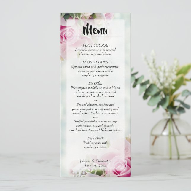 Menu Casamento Floral de Rosas Rosa Elegantes e Budas d (Em pé/Frente)