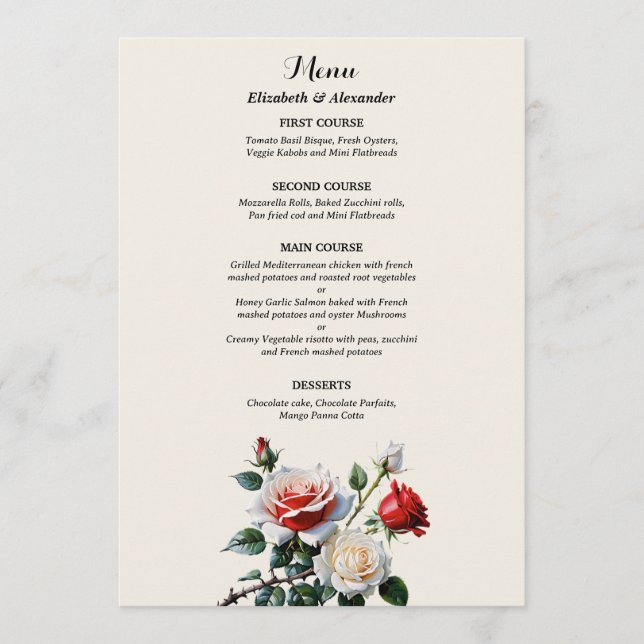 Menu Casamento floral de rosas vermelhas brancas cor-de (Frente)