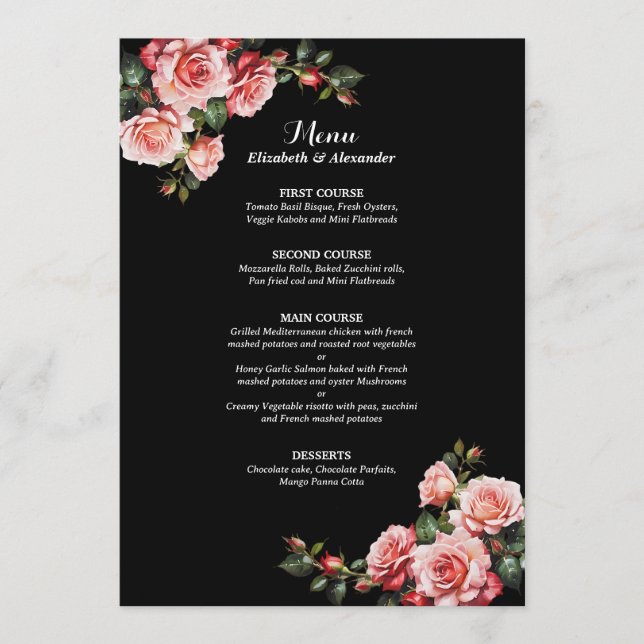 Menu Casamento floral de rosas vermelhas e rosadas escu (Frente)