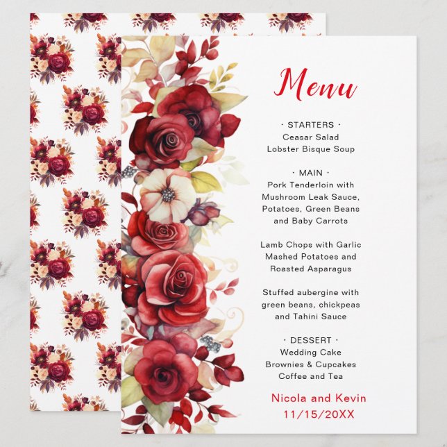 Menu Casamento Floral de Rosas vermelhas Românticas (Frente/Verso)