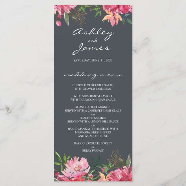 Menu Casamento Floral de Ruby Pink Peony (Frente)