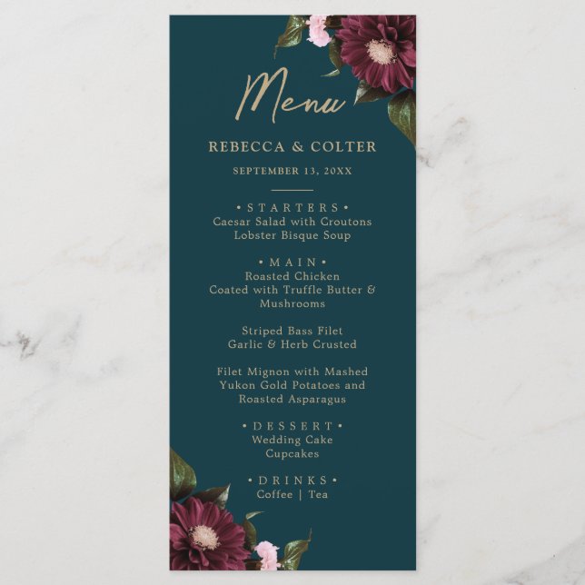 Menu Casamento Floral de Teal Burgundy Escuro Elegante (Frente)