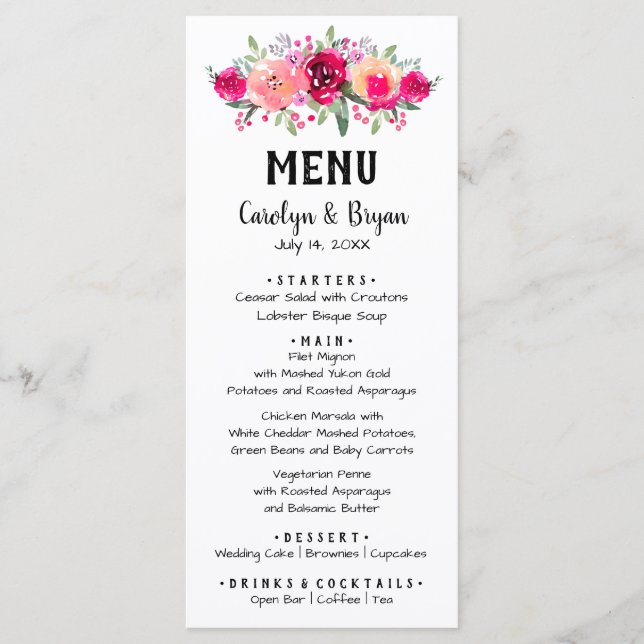 Menu Casamento Floral de Watercolor (Frente)