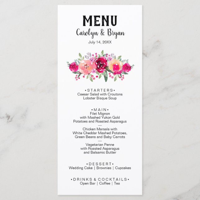 Menu Casamento Floral de Watercolor (Frente)
