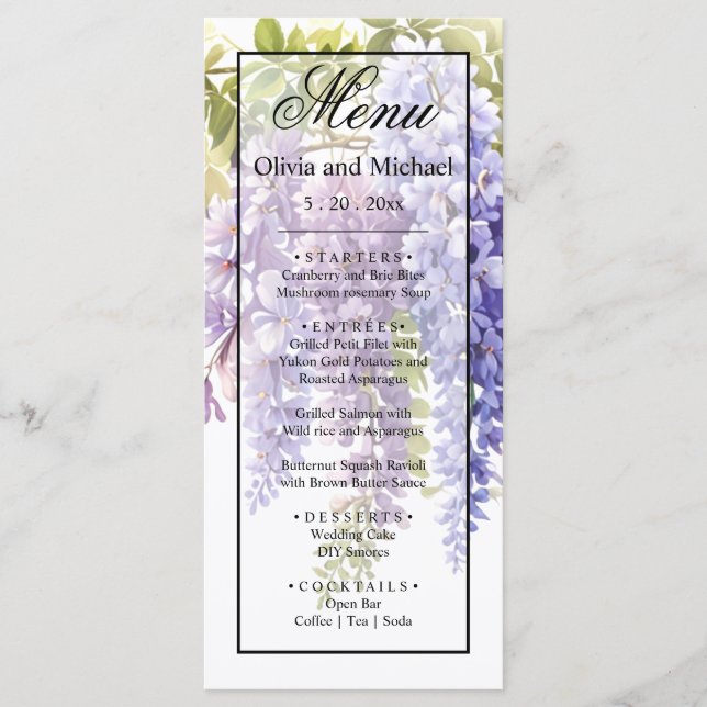 Menu Casamento floral de wisteria de aquarela púrpura E (Frente)
