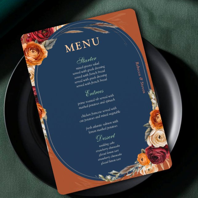 Menu Casamento floral do marinho de laranja de outono n (Criador carregado)