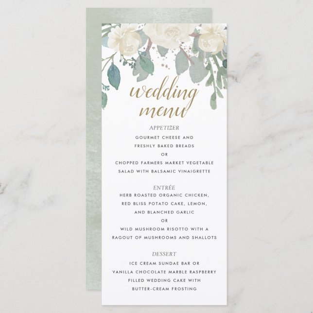 Menu Casamento Floral Dourado Branco Rosas de inverno (Frente/Verso)