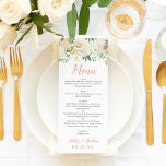 Menu Casamento Floral Dourado e Verde<br><div class="desc">Design do cartão de menu de casamento Menu em script com texto personalizado e um monograma que pode ser completamente personalizado, enquadrado por um design de aquarela floral com rosas pintados, flores ranóculas e folhas. O esquema de cores inclui tons neutros de branco, creme, cor-de-rosa-pincel, ouro, verde e cinza escura...</div>