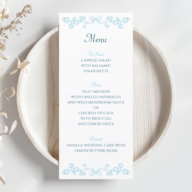 Menu Casamento Floral e Azul Arco Desenhado à Mão Elega (Elevate your wedding tablescape with our elegant blue floral bow menu card. Personalize yours now!)