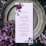 Menu Casamento Floral Elegante Azul de ameixa e Indigo<br><div class="desc">Este cardápio de casamento apresenta um buquê de cor d'água de peões roxos de ameixa e flores azuis de indigo com caligrafia de na moda em fundo de lavanda. Para personalização mais avançada deste design,  clique no BOTÃO DESIGN TOOL (FERRAMENTA). Itens correspondentes também estão disponíveis.</div>