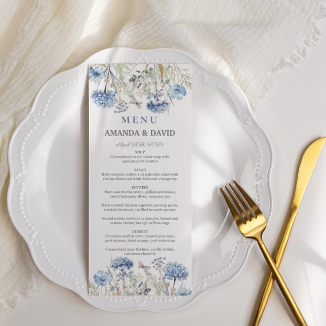 Menu Casamento Floral Elegante Azul de Aquarela (Criador carregado)