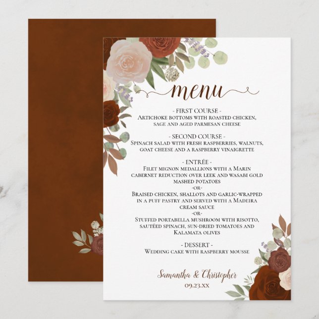 Menu Casamento Floral Elegante Boho de Ouferrugem Laran (Frente/Verso)
