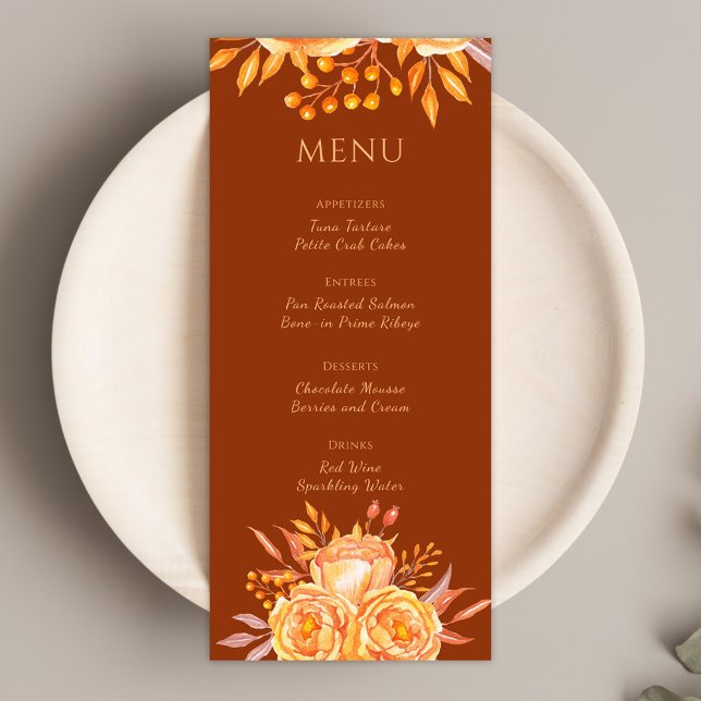 Menu Casamento Floral Elegante Burnt Orange Terracotta (Criador carregado)