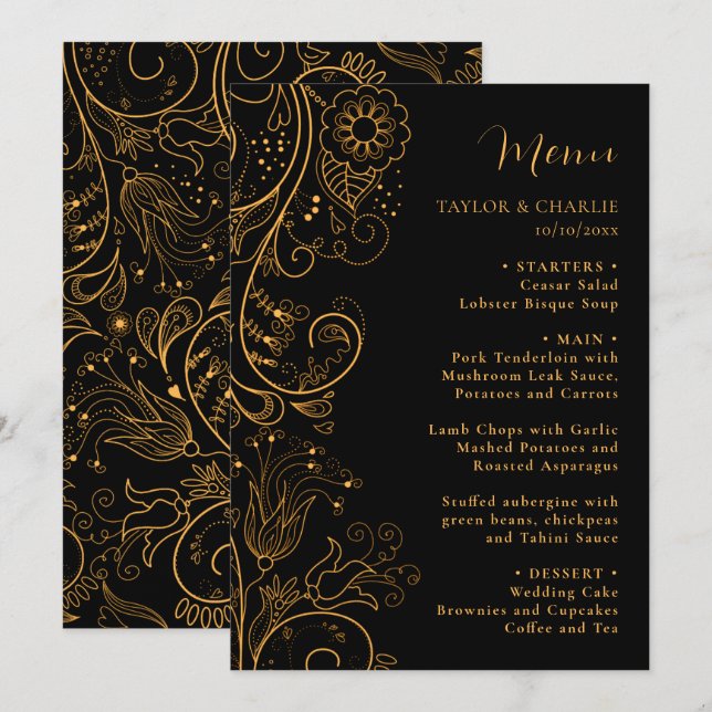 Menu Casamento Floral Elegante Dourado e Negro (Frente/Verso)
