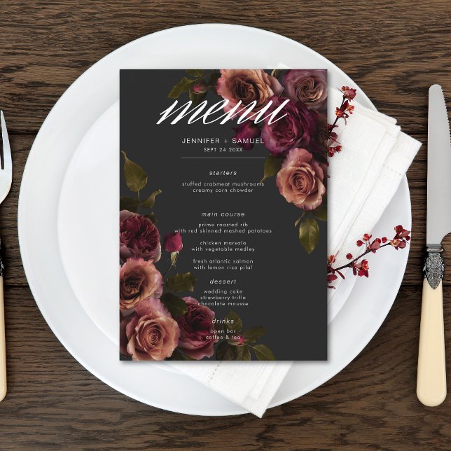 Menu Casamento Floral Elegante Moody Rust & Burgundy (Elegant Moody Muted Rust & Burgundy Floral Wedding Menu)