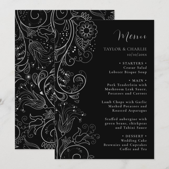Menu Casamento Floral Elegante Negra (Frente/Verso)
