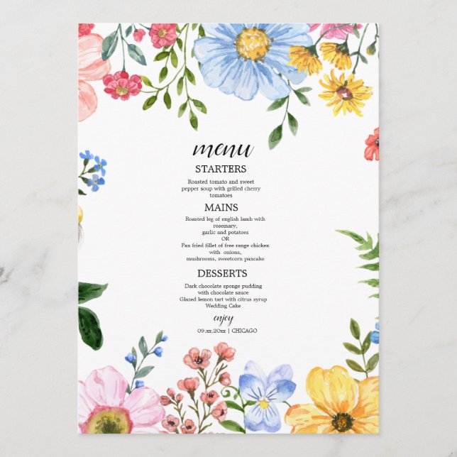 Menu Casamento Floral em Aquarela (Frente)