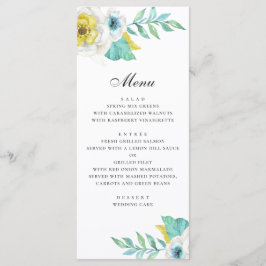Menu Casamento floral em aquarela azul amarelo e hortel
