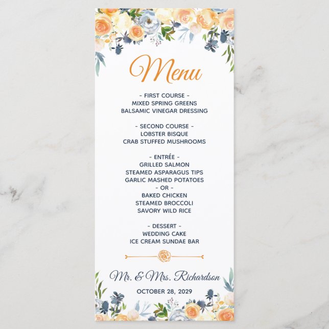 Menu Casamento Floral em Aquarela Azul Naval (Frente)