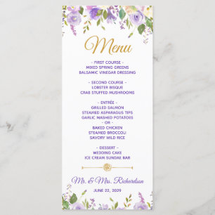 Menu Casamento Floral em Aquarela Roxo Elegante